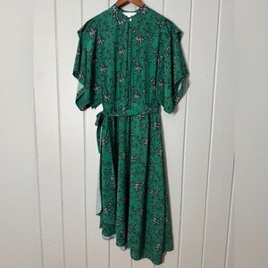 ROBERT RODRIGUEZ Japanese Green Floral‎ Midi Dress Asymmetrical Hem Faux Wrap M